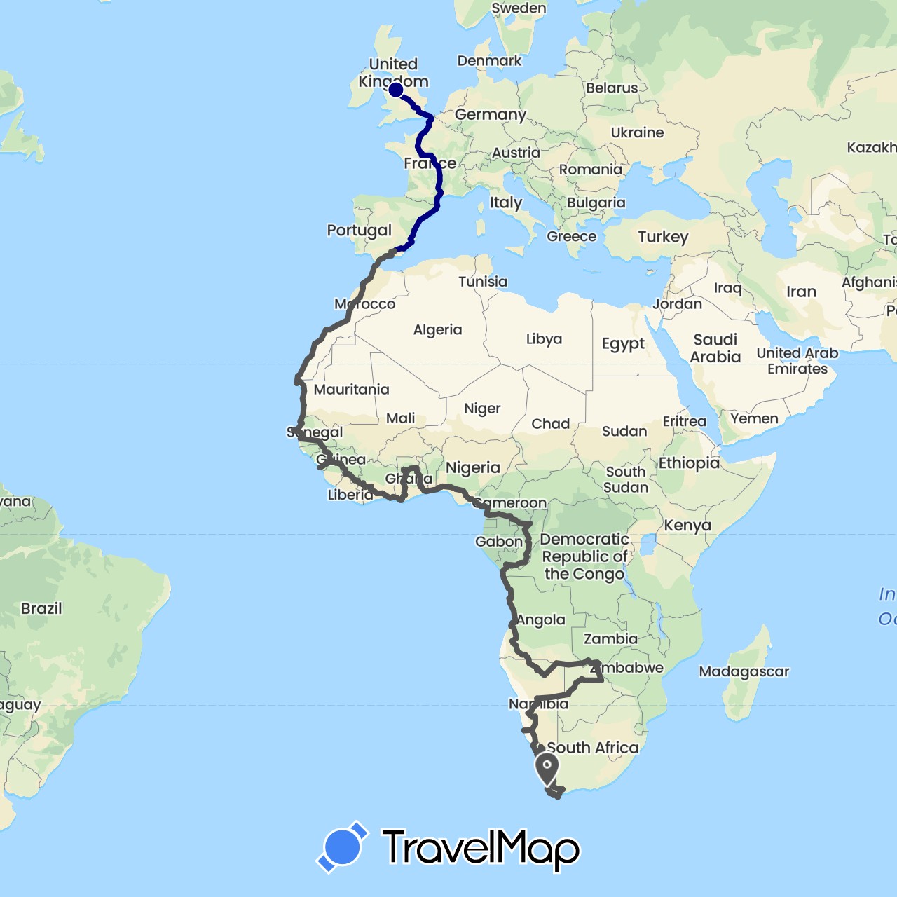 TravelMap itinerary: driving, motorbike in Angola, Benin, Botswana, Republic of the Congo, Côte d'Ivoire, Cameroon, Spain, France, United Kingdom, Ghana, Gambia, Guinea, Morocco, Mauritania, Namibia, Nigeria, Senegal, Togo, South Africa, Zimbabwe (Africa, Europe)